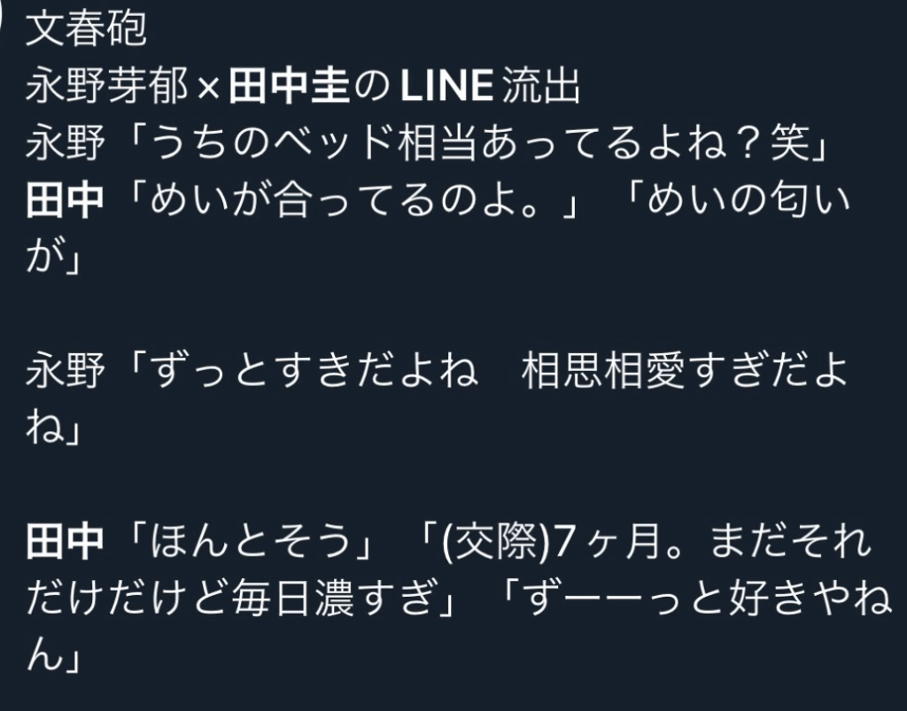 永野芽郁と田中圭の流出したLINE画像と内容